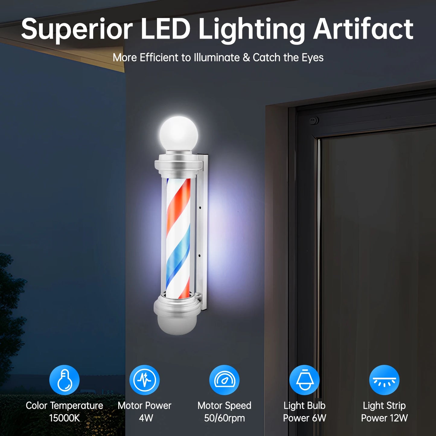 Barbershop Wall Light, 85cm LED Barber Pole Sign with Rotating Effect, Red White Blue Decorative Lamp for Salon, Indoor Outdoor