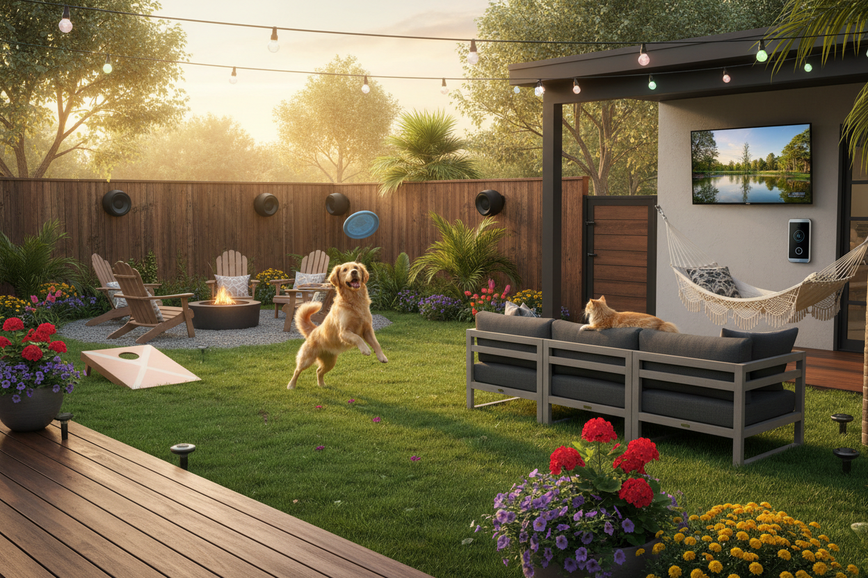 fun backyard with pets, backyard activities, outdoor electronics, and home automation